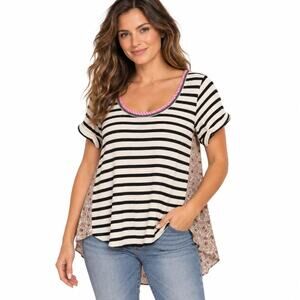 Akemi + Kin Anthropologie Striped Floral Mixed Media Top Size L